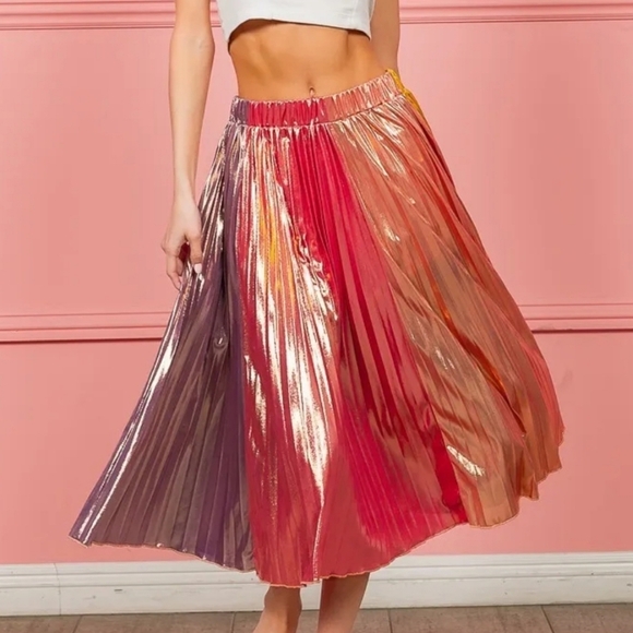 Metallic Color Block Pleats Midi Skirt - Picture 1 of 4